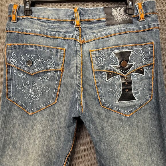 Royal Army Mens Size 38/34 Blue Distressed Jeans Embroidered Back Pockets - Picture 9 of 9